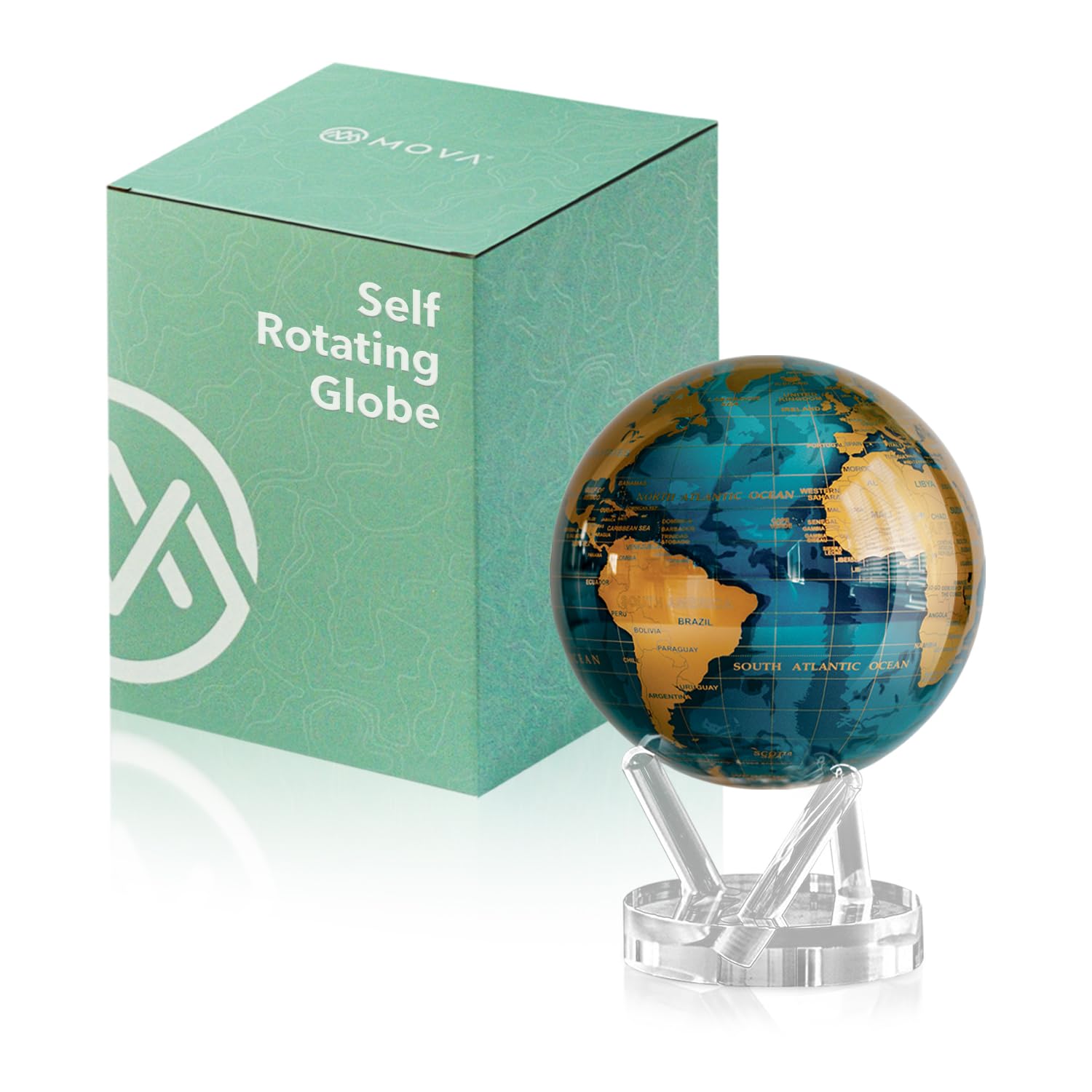 Globe Blue and Gold 6" with Base, Solar Powered Rotating Globe No Need of Battery or Chord, Unique Gift and Decoration