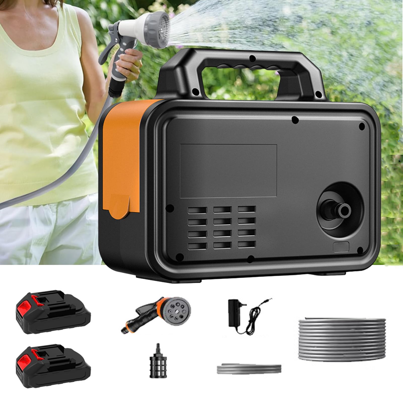 Pompa Dell'acqua, Pompa Giardino, Pompa Autoadescante Portatile con Tubo 10M Tubo Ingresso Dell'acqua 3M, Pompa Acqua a Batteria con 2 Batteria, per Giardino, Vasca Idromassaggio, Serbatoio, Piscina