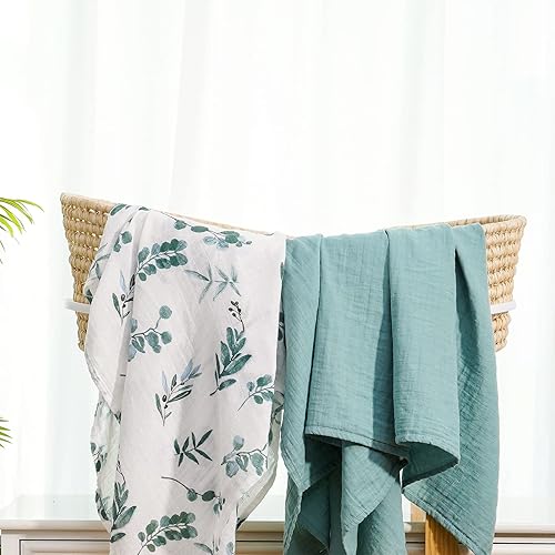 Miniatura 8 de BabyWhale Juego de manta de muselina para envolver con hojas de eucalipto bohemio y manta sólida para bebés niños y niñas, suave como la seda, 47 x