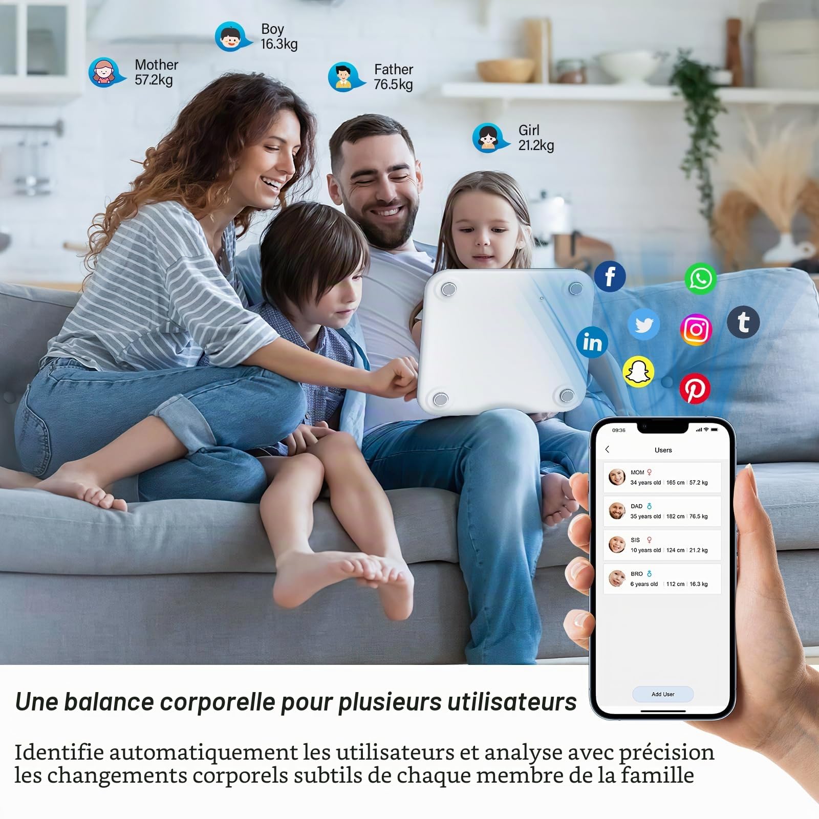 Balance Pèse Personne, Pèse-Personne Numérique, Balance Connectée Bluetooth Haute Précision avec Grand Écran 22 Mesures (Fréquence Cardiaque, BMI, Muscle, Eau)