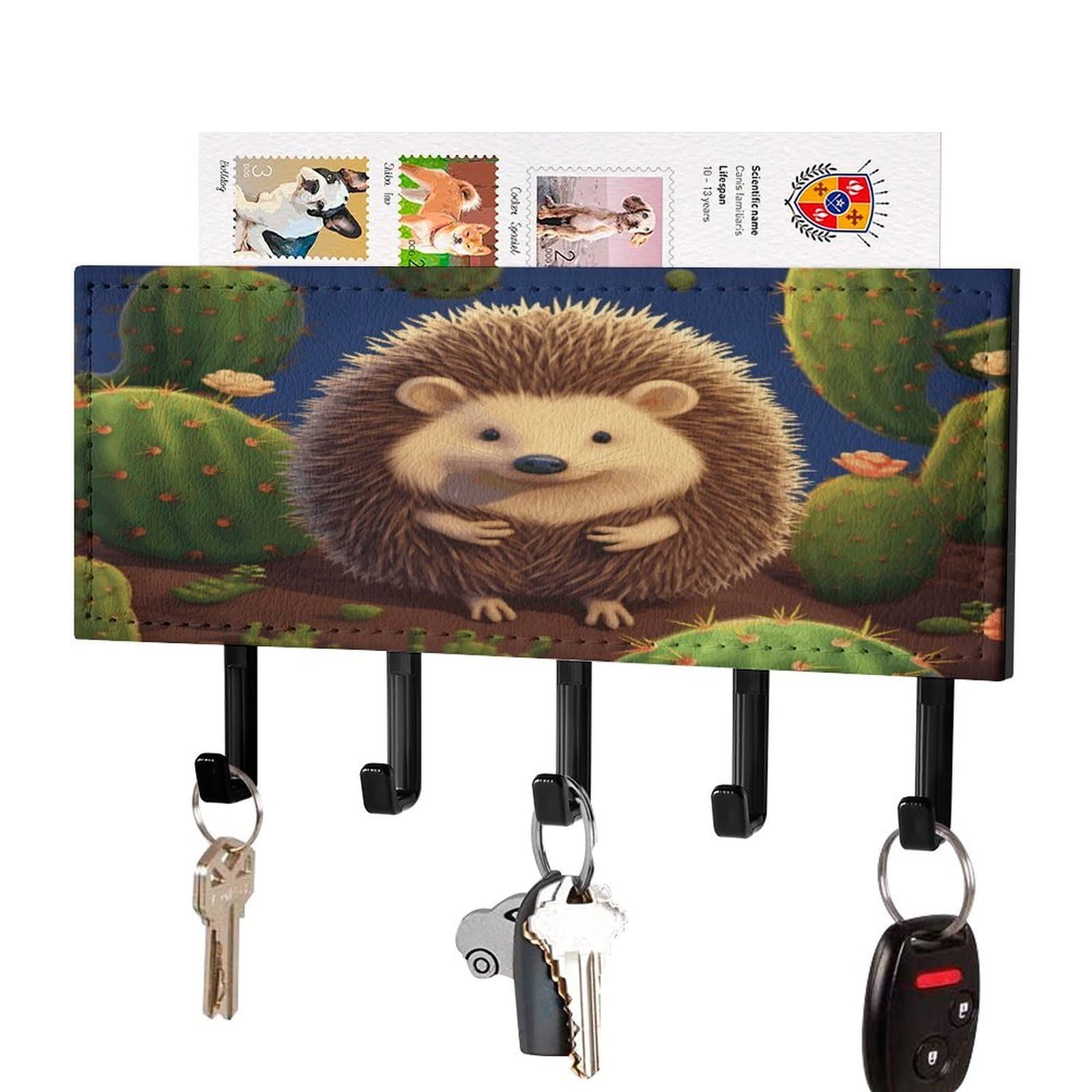 Vstadank Black-Style Hedgehog Cactus Key Holder For Wall Decorative Mail Organizer Exquisite Coat Rack Pu Wall Mount Adhesive Keys Rack With Tray&5 Key Hook For Door Hallway Entryway Decor