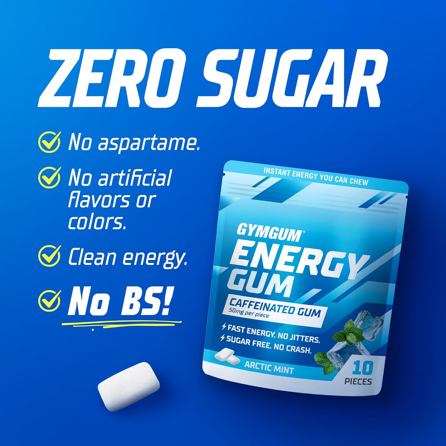 GYMGUM Energy Caffeine Gum | 50mg Caffeine | Sugar-Free, Keto-Friendly | Fast-Acting Energy & Focus Gum with Guarana & L-Theanine (10 Count (Pack of 5), Arctic Mint)