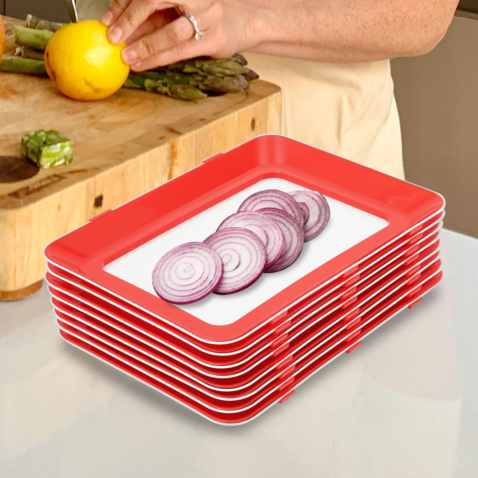 Set di 8 vassoi con pellicola elastica, riutilizzabili, impilabili, per conservare alimenti, 30 x 22 x 3 cm