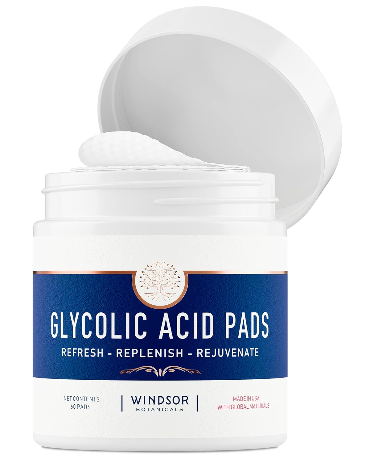Glycolic Acid Pads - 20% AHA Facial Resurfacing Solution Gently Exfoliates Dead Skin Cells Revealing Younger, Rejuvenated Skin - By Windsor Botanicals - 60 Pre-Soaked Exfoliating Wipes : Beauty & Personal Care