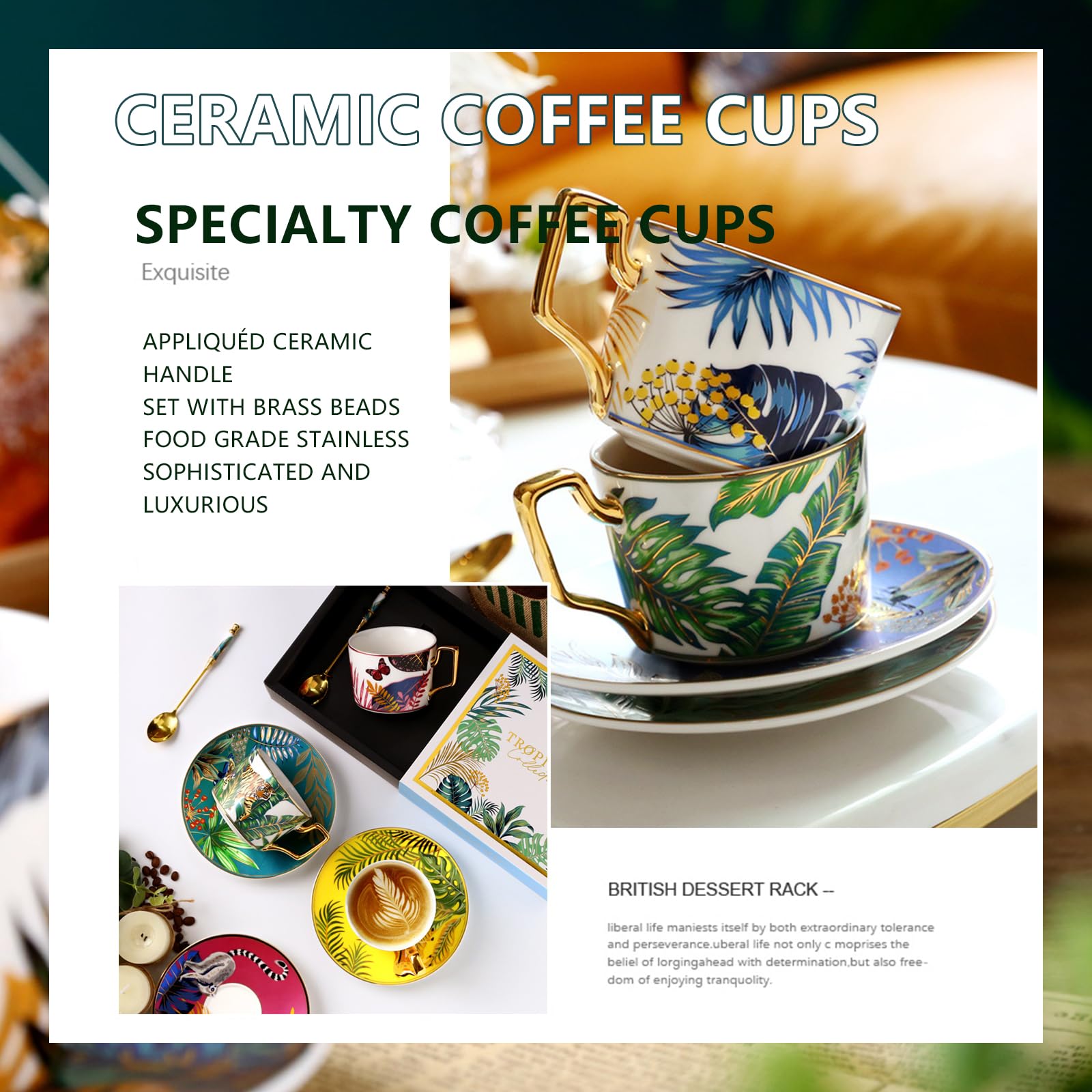 Juego de tazas de café y platillo, tazas de porcelana con estampado animal para capuchino, té, espresso, tazas de café coloridas para uso doméstico y de oficina, juego de 6 piezas