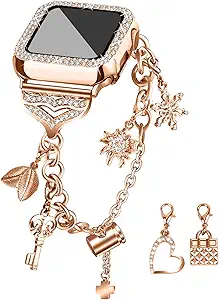 JOYOZY Band Compatible with Apple Watch 38mm 40mm 41mm 42mm 44mm 45mm 46mm, Bling Strap with Glitter Case Built-in Screen Protector, Interchangeable Charms Dressy Bracelet for Women
