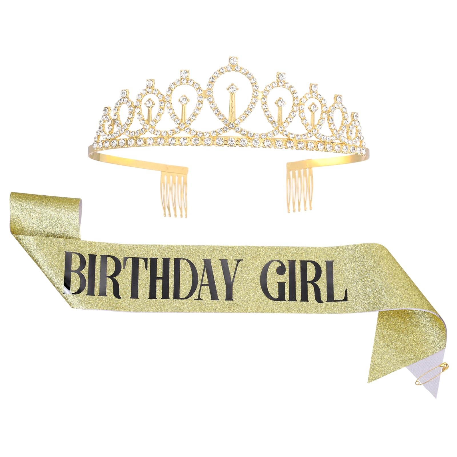 M METERXITY 1-Set Birthday Sash and Crown Printed, Sequined Fabric Birthday Gifts Decorations with Pin for Women, Teens, Adults/Party Favors Supplies [Gold]