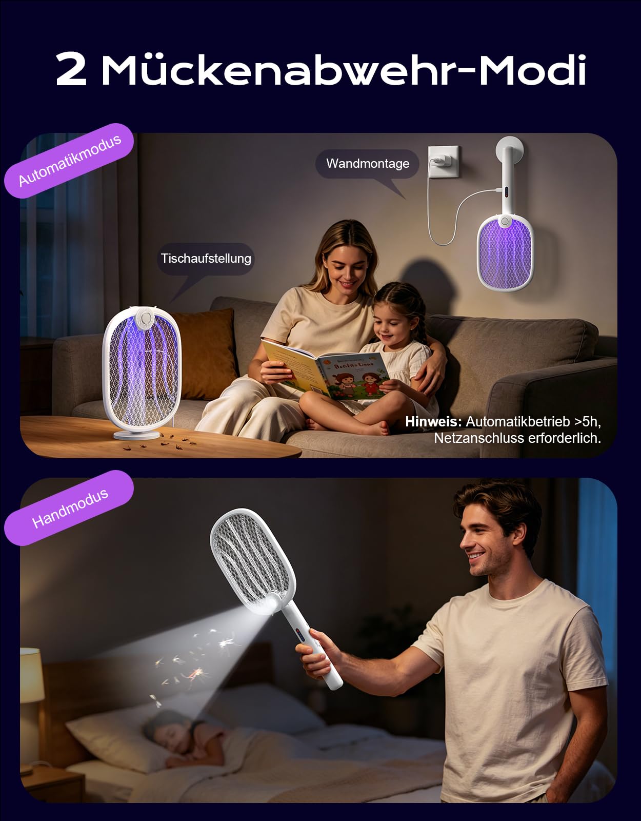 Elektrische Fliegenklatsche Extra Stark 4000V, 180° Klappbarer Fliegenfänger Elektrisch mit Automatik UV Lichtfalle & Manuellmodus, 1800mAh USB C Aufladbar, Elektro Mückenfalle für Innen Außen