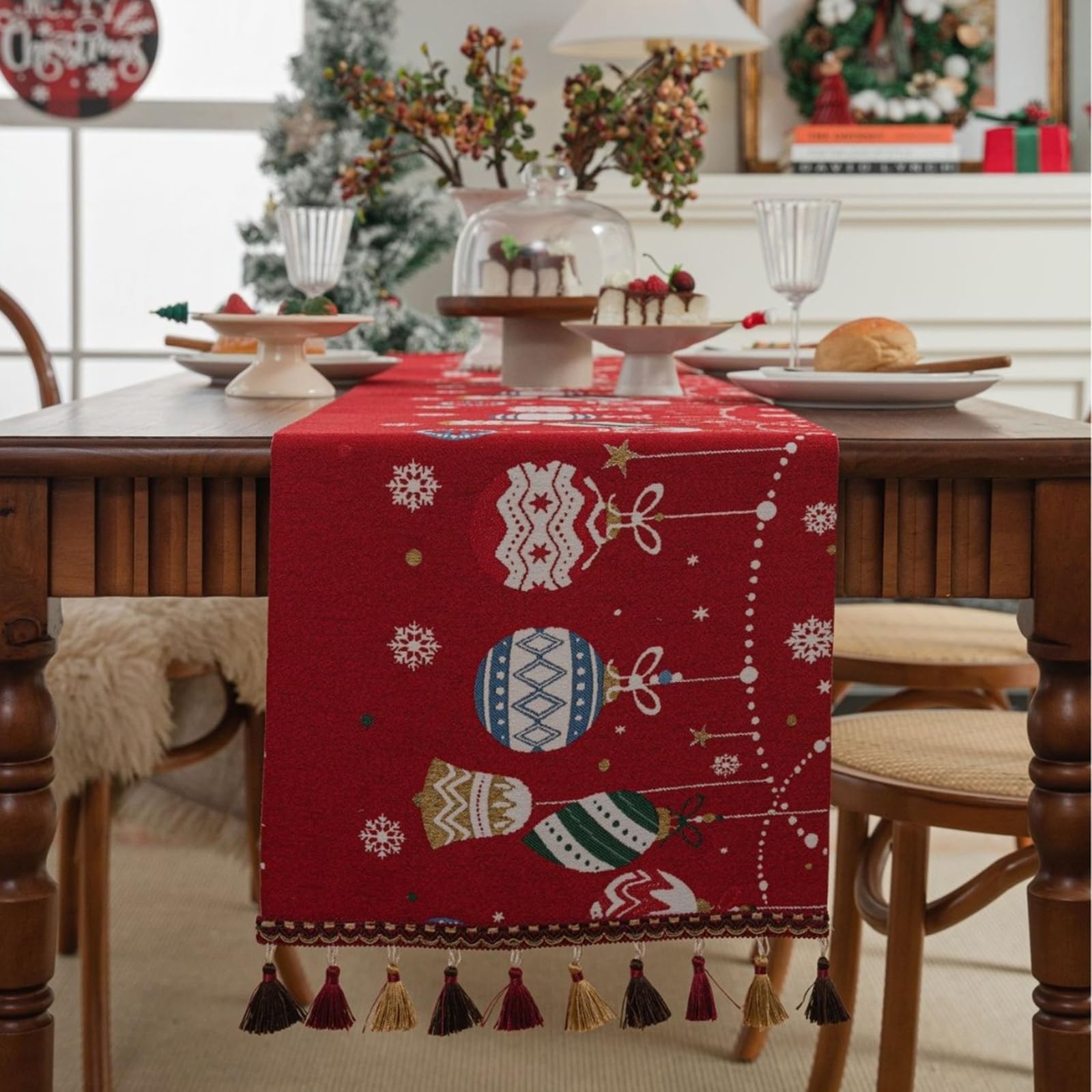 Tischläufer Landhausstil Polyester, Tischläufer Wohnzimmer 35x350 cm, Weihnachtsmuster mit Quasten