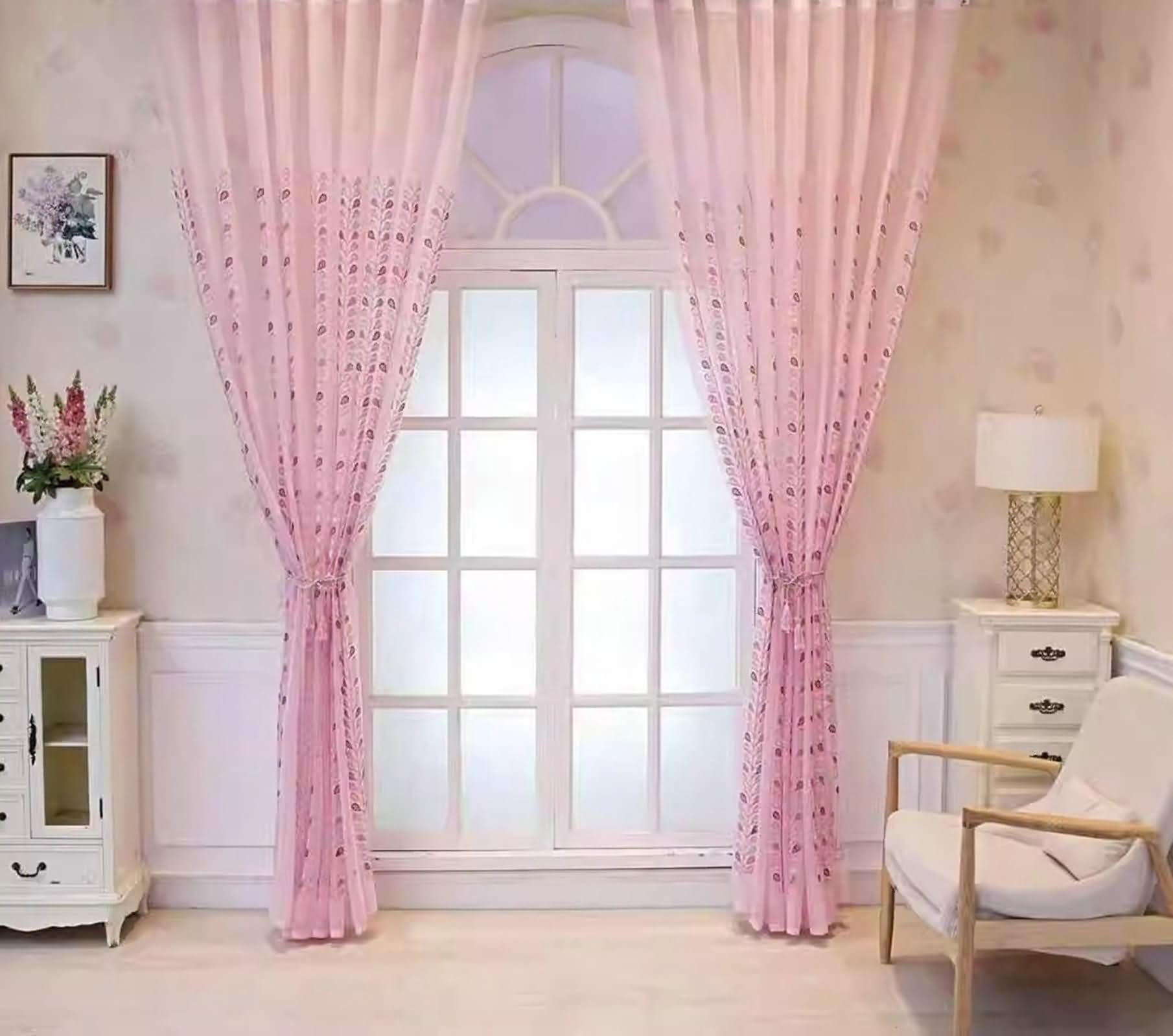 KnSam Rideaux Voilage Rose, 2 Pièces, Rideau Chambre Motif Feuilles Brodées à Crochets, 132x229cm x 1pcs
