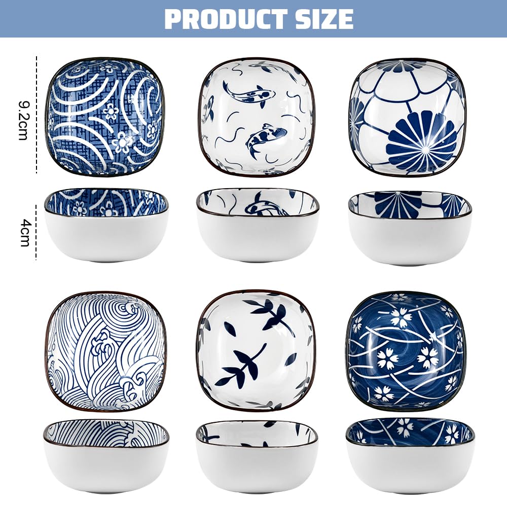Set di 6 piccole ciotole in ceramica quadrate in stile giapponese, ciotole per snack da 9,2 cm, mini ciotole in ceramica blu e bianca per sushi, tapas, dessert, noci, olive e salsa di soia (9,2