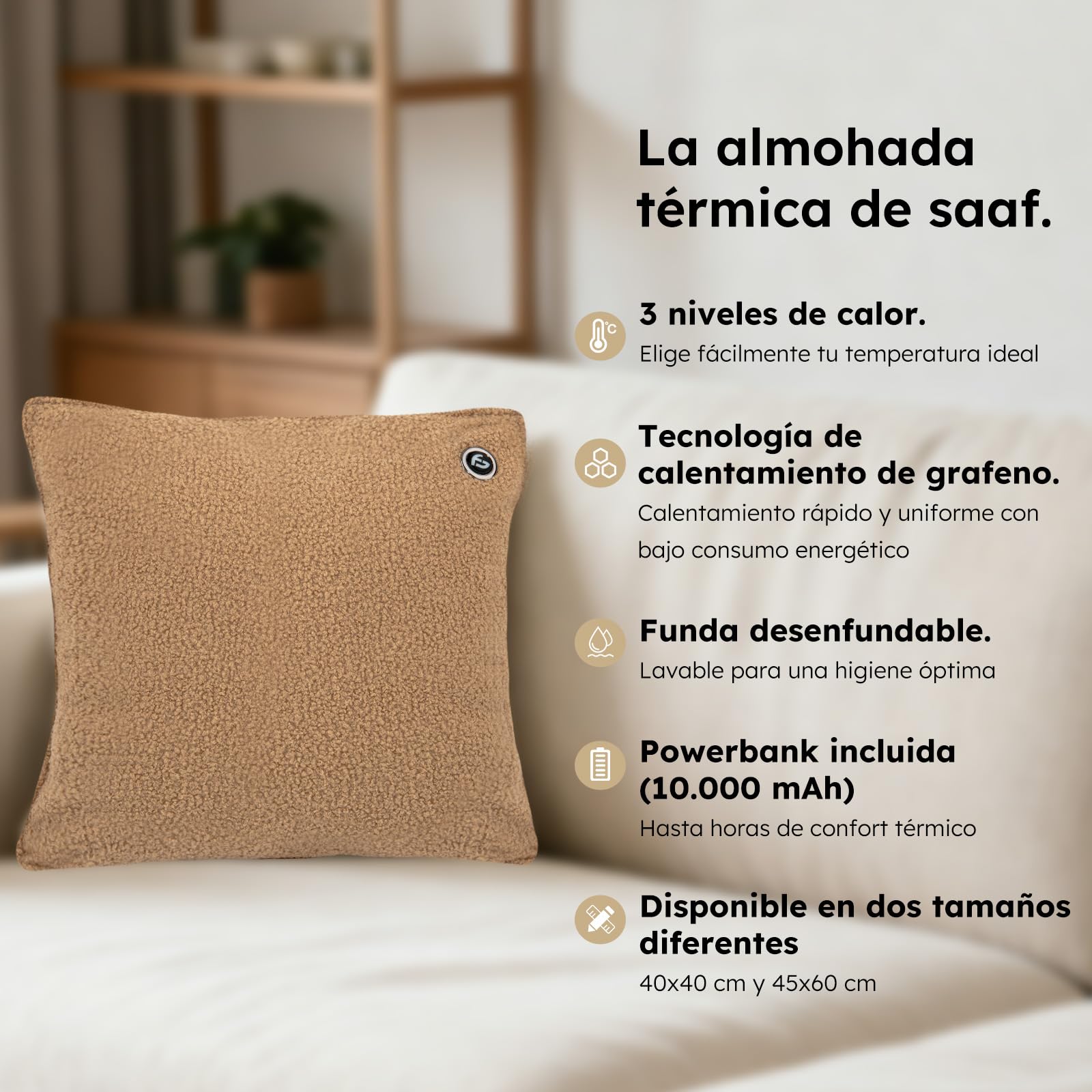 Cojín térmico – 3 modos de calor – Cojín térmico recargable – Banco de energía de 10.000 mAh – Inalámbrico – Cojín térmico – 40 x 40 cm – de Carpa (Taupe)