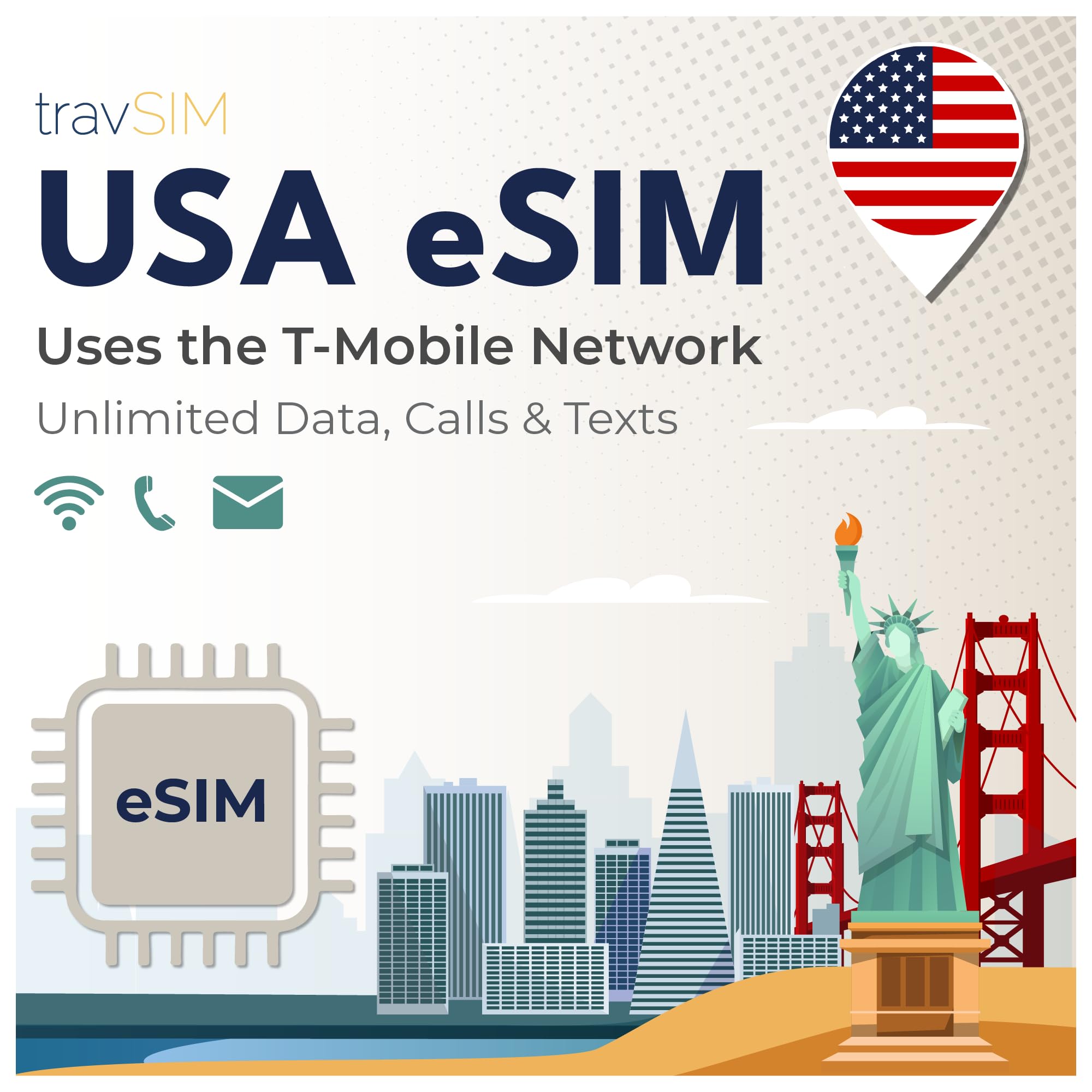 TravSIM eSIM USA | T-Mobile Network | Unlimited Data, Calls and Texts | Compatible With iOS and Android Devices | 14 Days