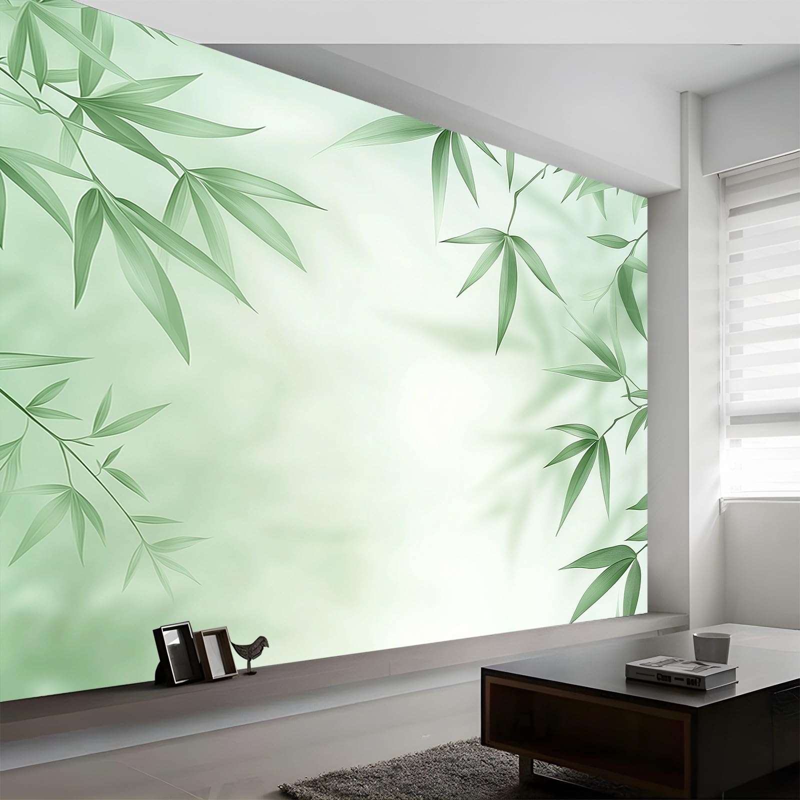 Panoramiczna tapeta Proste liście bambusa zielony biały 300 x 210 cm (szer. x wys.), gigantyczny plakat ścienny 3D nowoczesna tapeta dekoracja ścienna salon sypialnia sypialnia sypialnia biuro tapety