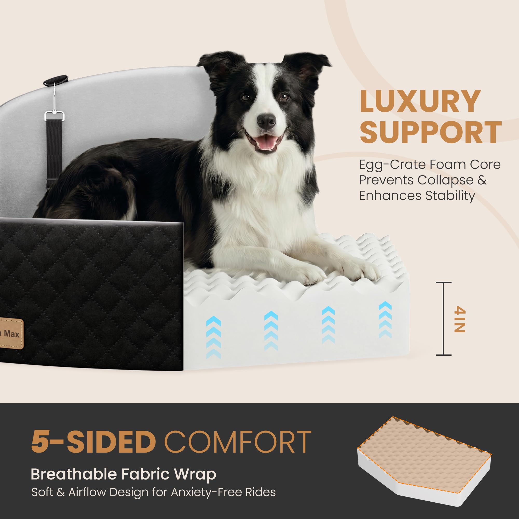 Dog Car Seat for Medium/Large Dogs, Memory Foam Dog Booster Seat with Thick Cushion up to 55 lbs or 2 Small Dogs, Travel Pet Car Seat with Detachable Washable Cover, 2 Safety Leashes (Black/Grey) - image 4