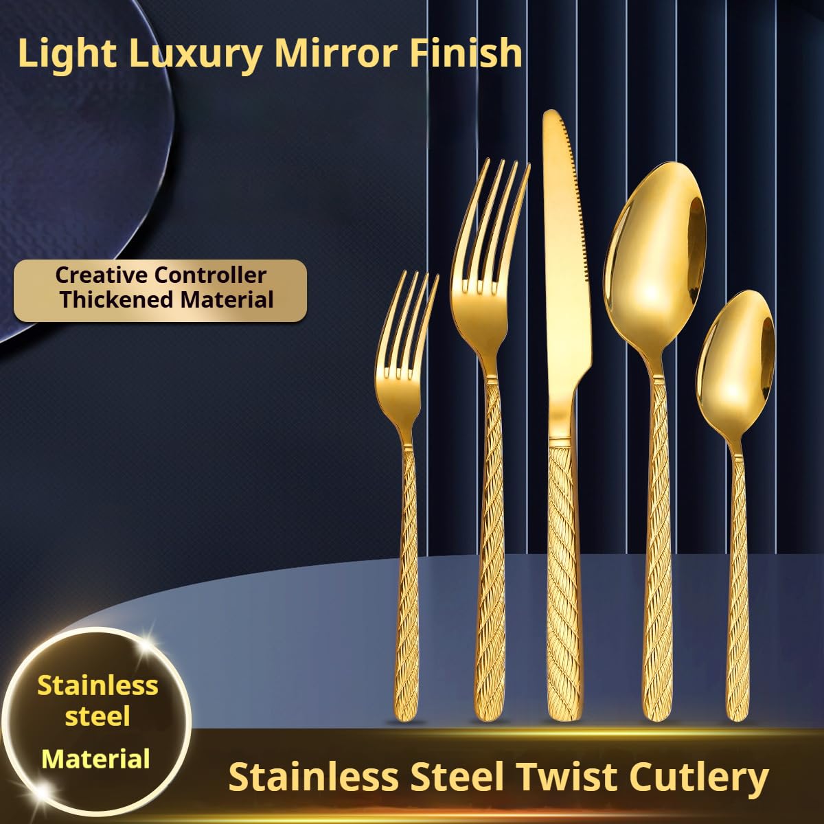 Besteck Set Hanfseil Aus Edelstahl 410 Gold 4Er Set | Steakmesser und Gabel Dessertlöffel Hotelessen