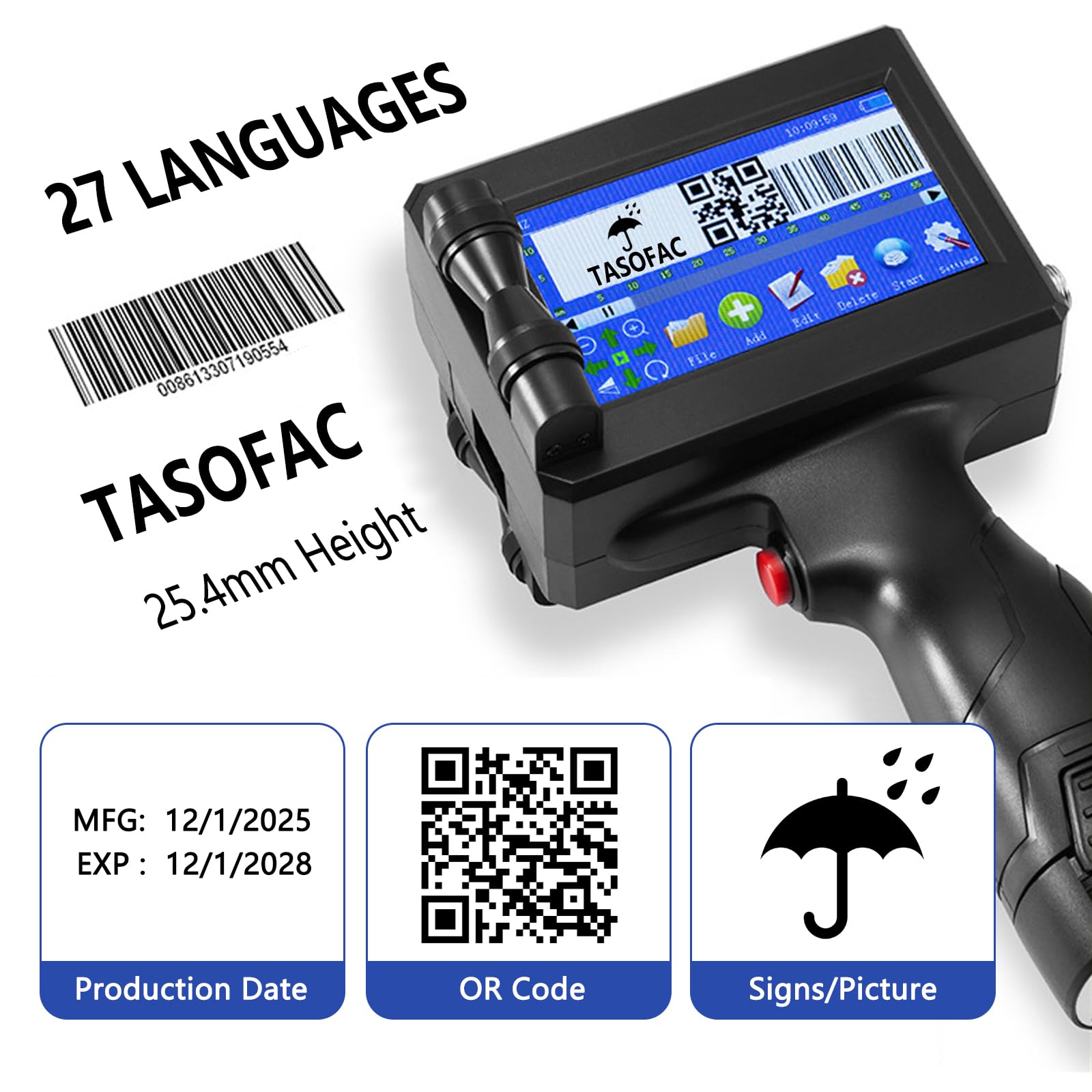 Impresora de inyección de tinta portátil, 【con 55 ml cartucho】, secado ultra rápido (<1s sobre cartón), 16H Autonomía, 1-4 líneas, altura 2-25,4 mm, 600 DPI 360 ° impresión QR/código de barras, fecha