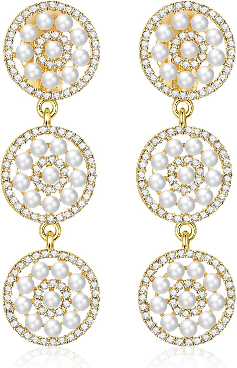 Geometric Retro Pearl Clip On Earrings for Women - Statement Drop Dangle Earrings