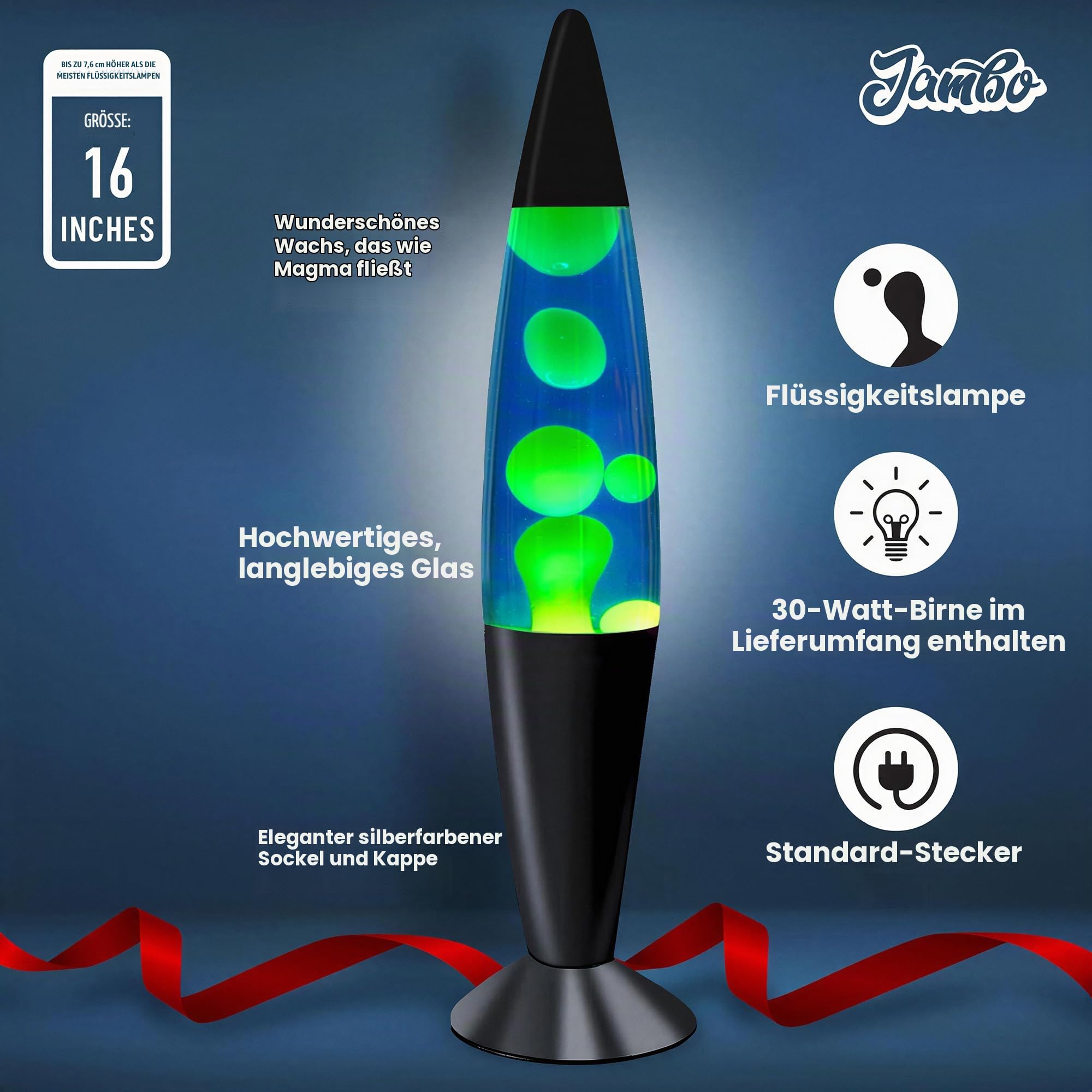 Jambo Liquid-Motion-Lampe mit schwarzem Sockel (Black Base, Blue Liquid, Yellow Wax, 16")