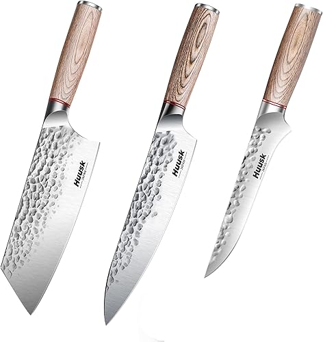 Huusk Juego de cuchillos de cocina profesional japonés Santoku cuchillo de acero de alto carbono cuchillo de carne de verduras con mango ergonómico