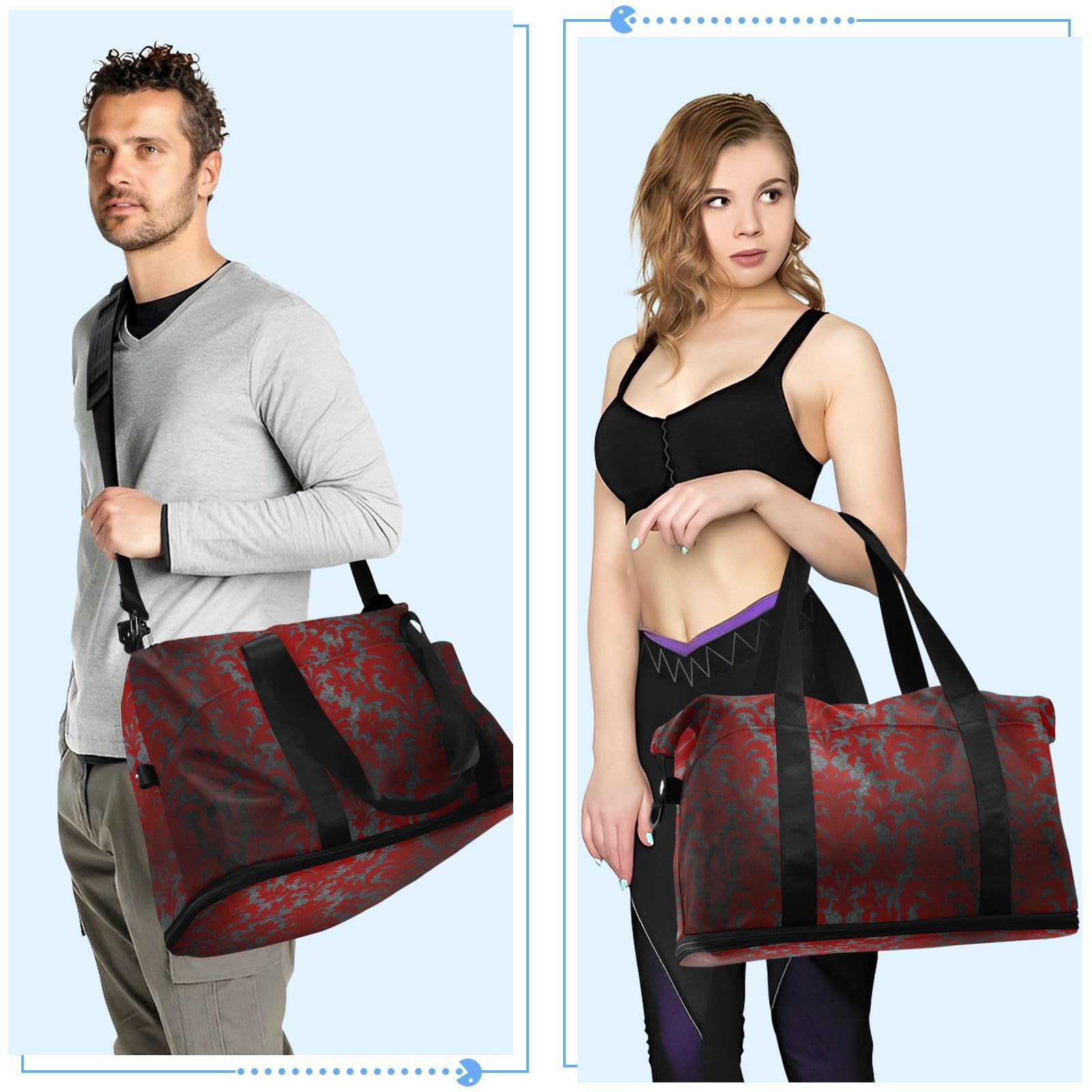 Sac de voyage gothique rouge foncé à motif floral rétro avec poche humide, sangle réglable, sac d'entraînement de sport pour la randonnée, imperméable pour homme et femme