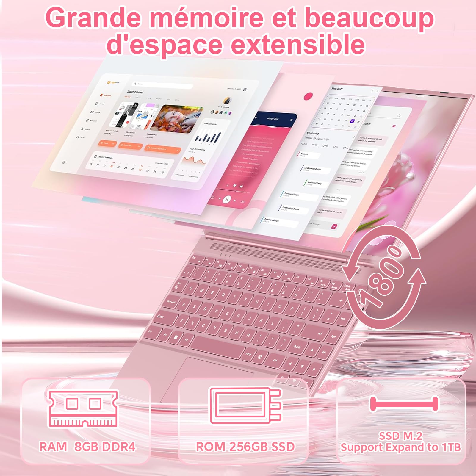 NOTODD PC Portable 14 Pouces 8+256GB SSD Soutien Extension 1TB,4 cœurs Celeron N5095 (jusqu'à 2,9 GHz), Ordinateur Portable Win11 avec 5G WiFi 1920x1200 BT4.2 Souris sans Fil ＆AZERTY Clavier-Rose