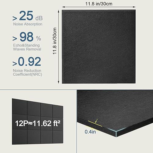 Miniatura 3 de Paneles acústicos, paquete de 12 paneles de pared autoadhesivos insonorizados, paneles de pared con cancelación de ruido de 11.8 x 11.8 x 0.4