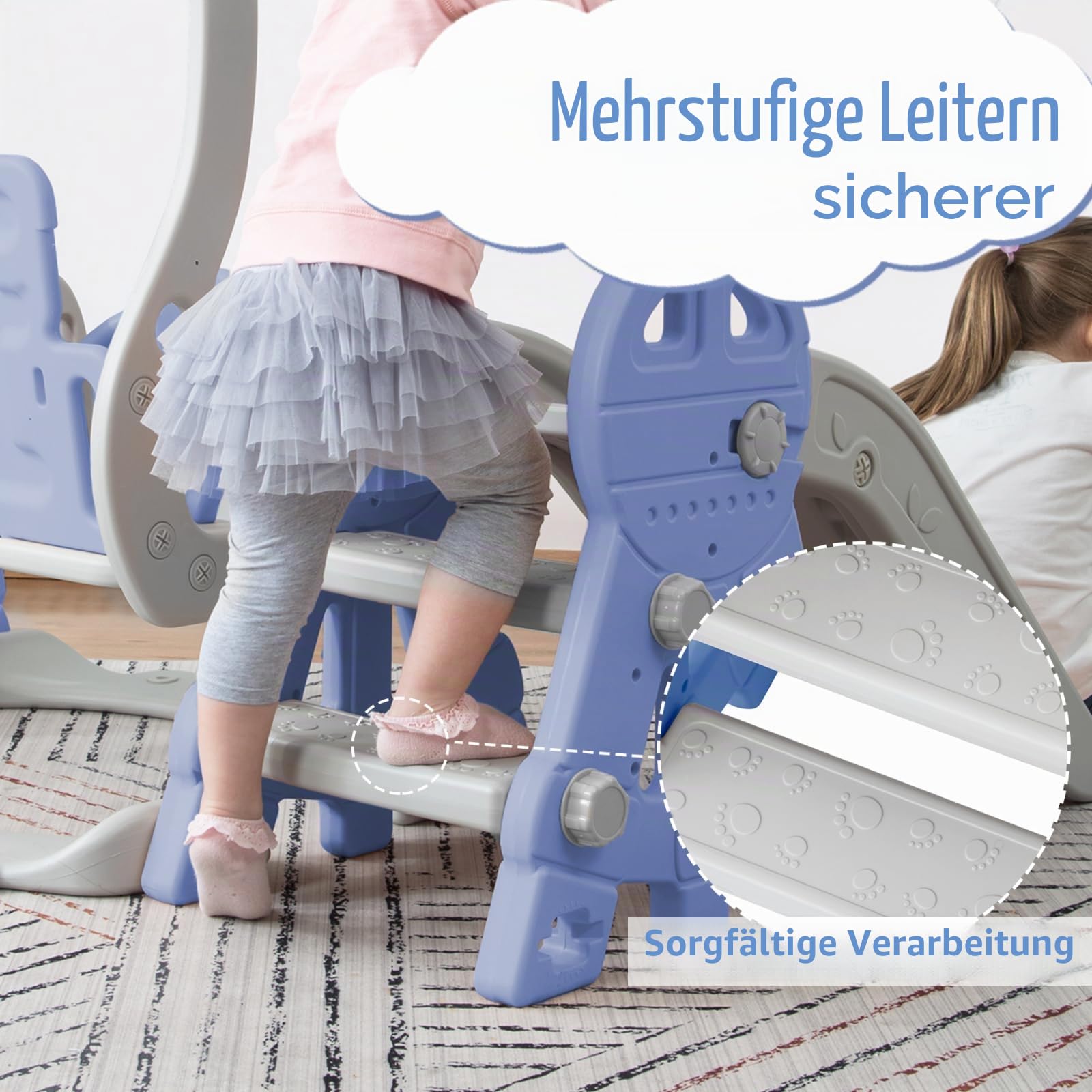 Kinderrutsche Outdoor 4-in-1,Multifunktionale Kinder Rutsche mit Schaukel,Basketballkorb und Kletterleiter,Freistehende Rutschen Für Kinder,Ideal für drinnen und draußen (Blau)