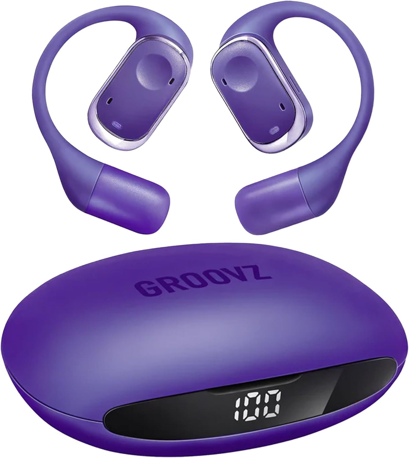 Groovz Open-Ear True Wireless Headphones with Smart Battery Display – Designed and Engineered in The USA – IPX5-Rated Bluetooth Open Ear Earbuds Compatible with Apple & Android – Deep Purple