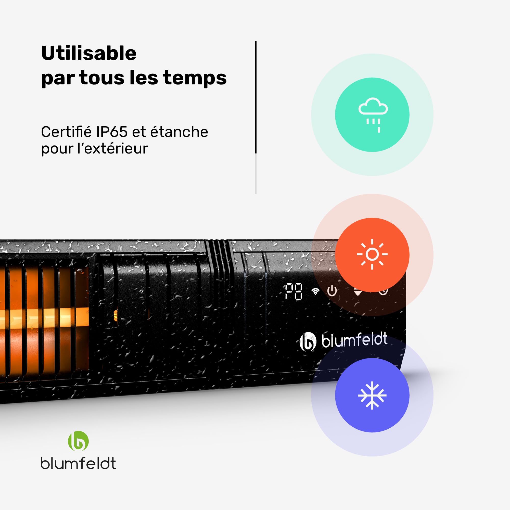 Blumfeldt radiateur Infrarouge 2000 W – Montage mural & plafond, extérieur IP65 étanche, 9 niveaux de chaleur, WiFi intelligent, tubes en or, pour balcon & terrasse