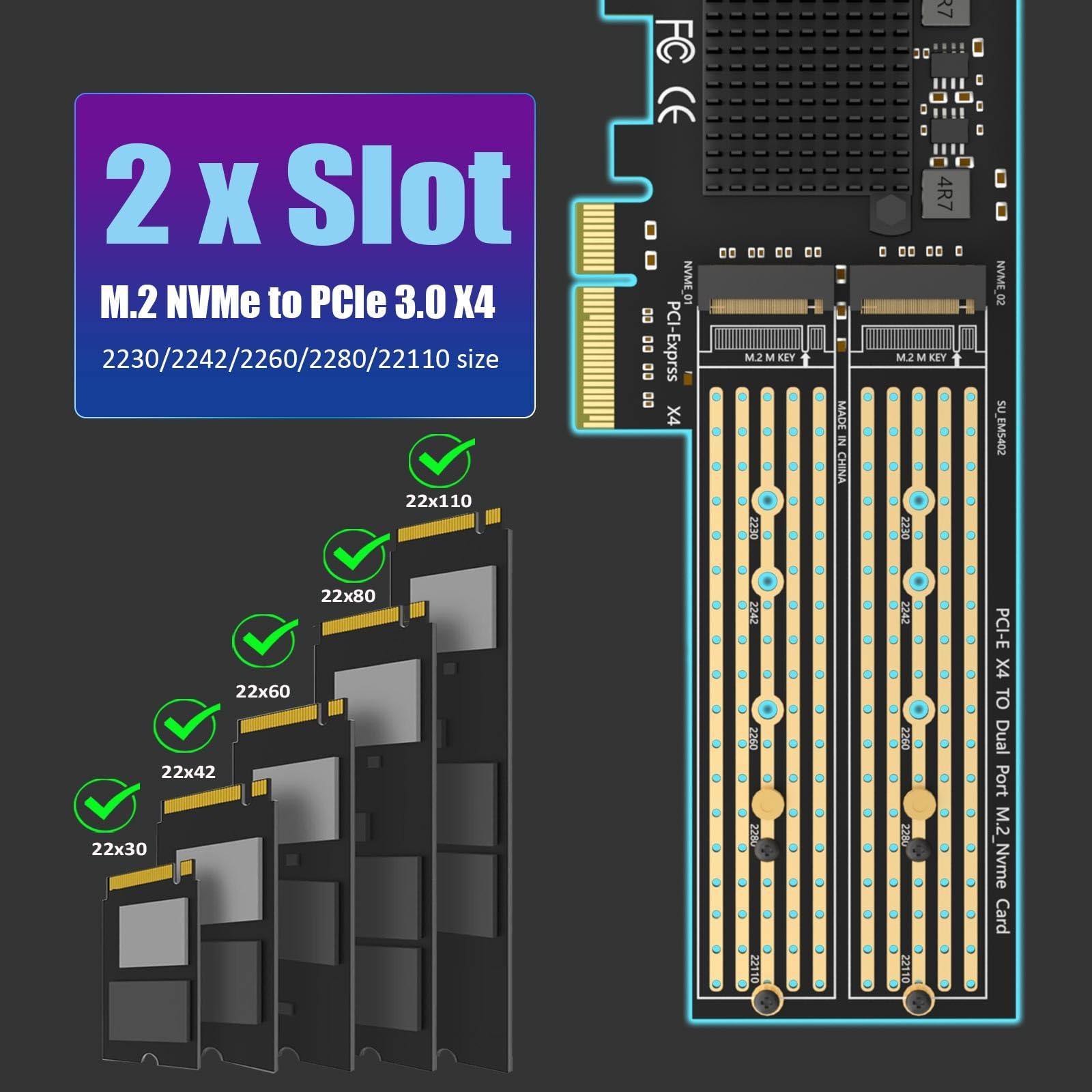 GLOTRENDS PA20 Dual Adattatore M.2 NVMe a PCIe 3.0 X4 con biforcazione PCIe, configurazione RAID M.2 NVMe tramite OS Tool (supporta dimensioni 22110/2280)