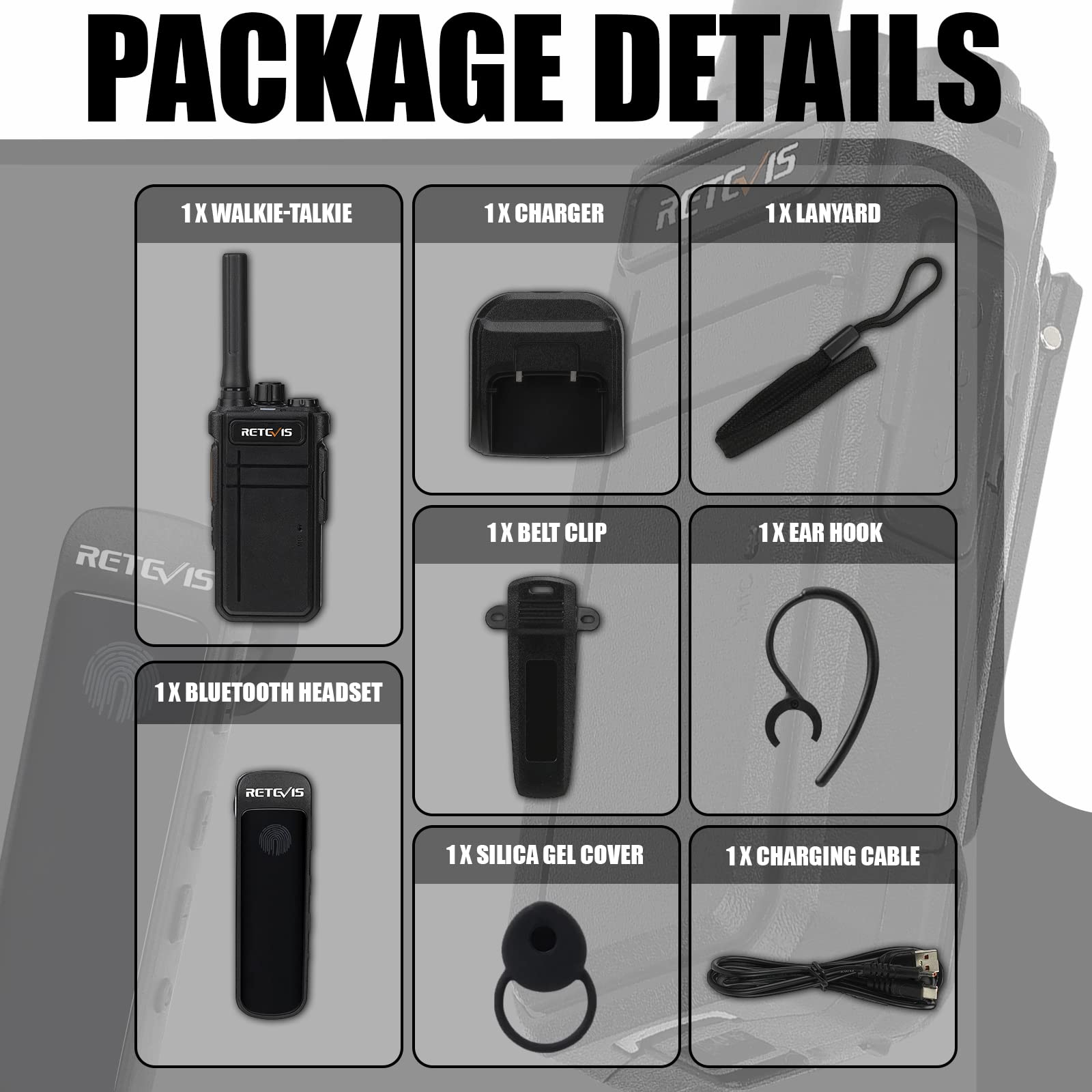 Retevis RB637 Bluetooth Radio Bidirezionale, Walkie Talkie con Auricolare Bluetooth, 2000mAh USB Ricaricabile, Torcia, PMR446 Walkie Talkie a Mani Libere con Wireless Copy Per i Ristoranti (nero, 1Pz)