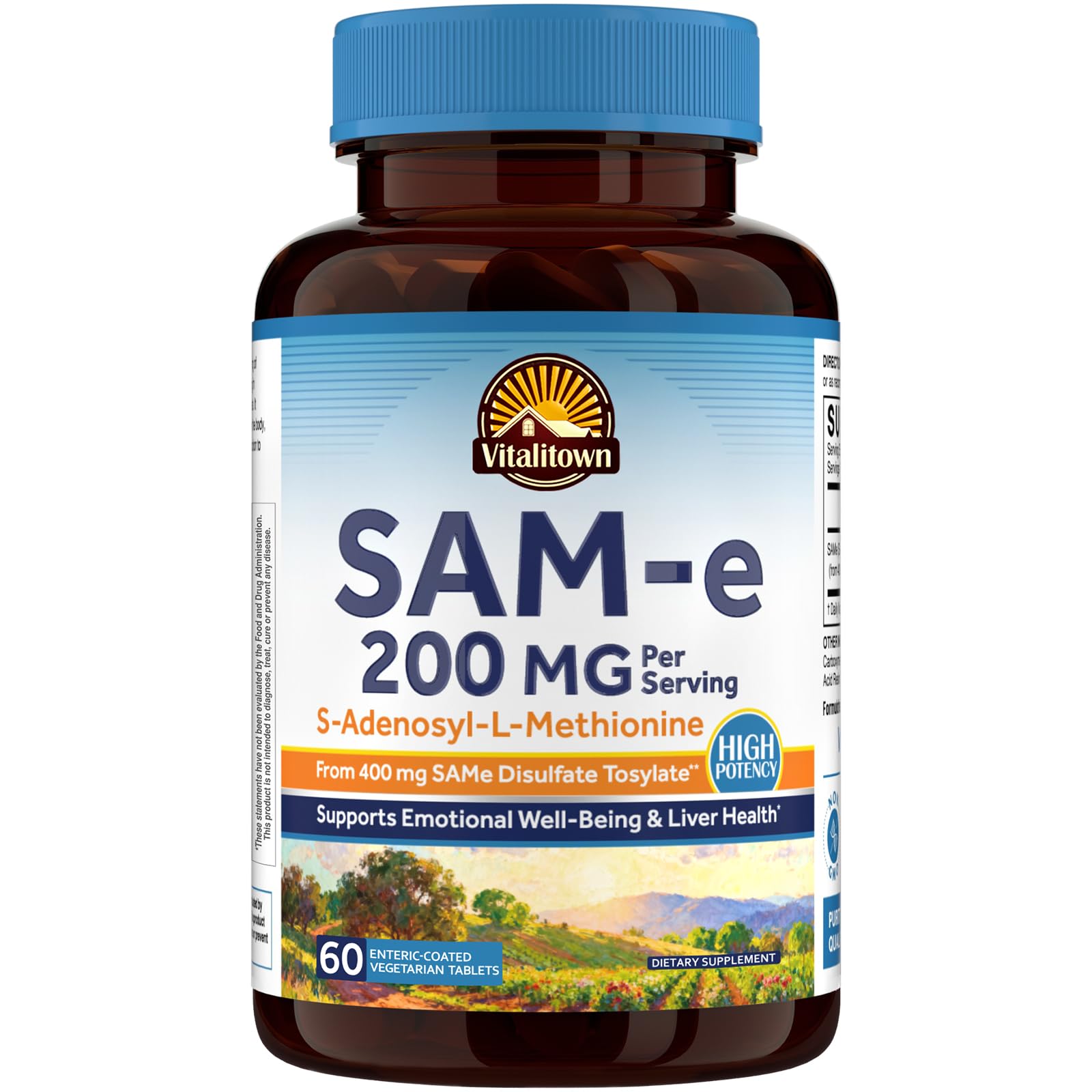 Vitalitown SAM-e (S-Adenosyl-L-Methionine) 200mg Per Serving, High Strength, Biologically Active Form, for Liver and Mood Support, 60 Enteric-Coated Vegetarian Tablets