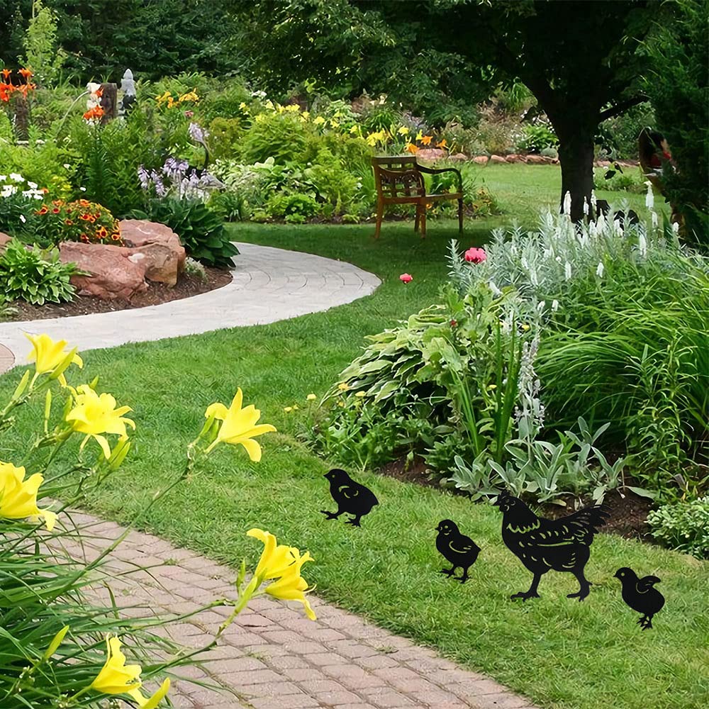 4 Piquets De Jardin Métal Forme Poule Et Poussins Noir - Décoration Extérieure Pour Pelouse, Terrasse, Balcon - 10