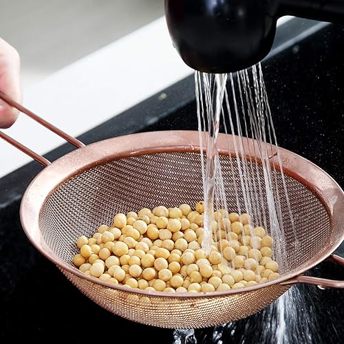 Miniatura 6 de Kyraton Juego de 3 piezas de colador de malla fina de oro rosa, tamiz de harina de cobre para hornear, clandro de acero inoxidable, colador de té