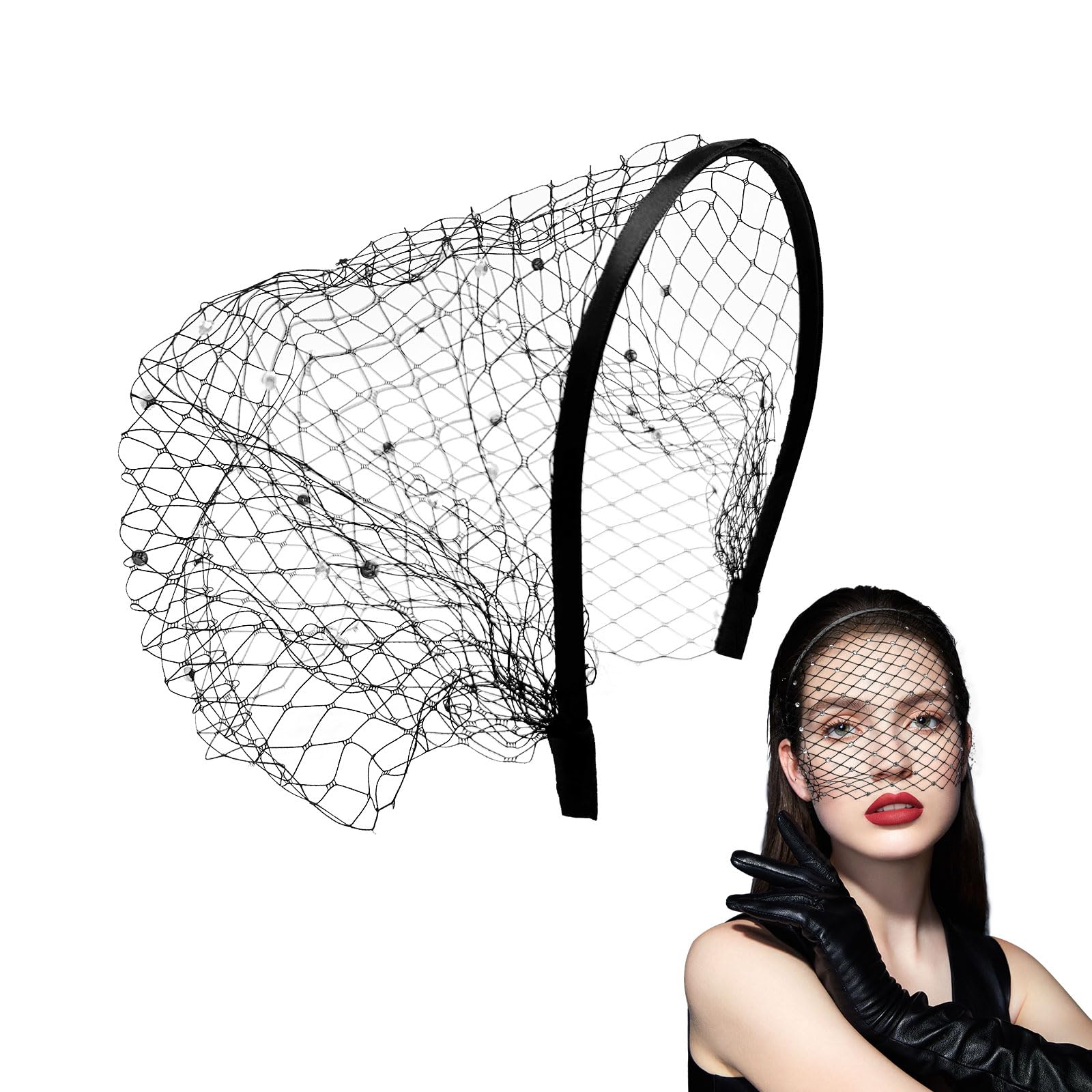 EUPSIIU Mujer Tocados, Sombrero Velo Vintage Tocado, Diadema con Velo de Malla Negra Tocado, Malla Encaje Diadema, Madrina Nupcial Tocados, Boda Tocado velo Cóctel