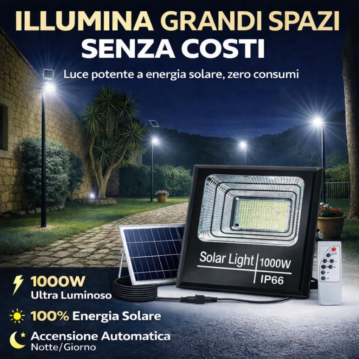 Faro Solare LED 1000W con Pannello Solare, Luce Esterno 6500K Ultra Potente, Sensore Crepuscolare Automatico, Telecomando, IP67 Impermeabile, Faretto da Esterno per Giardino, Cortile, Strada.