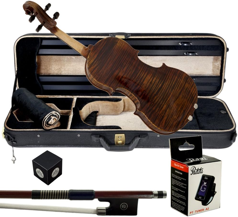 Paititi 4/4 Full Size PTVNSS100 Premium Hand Carved One-Piece Back Ebony Fitted Violin Outfit with Case, Bow, String, Tuner, Mute and Rosin