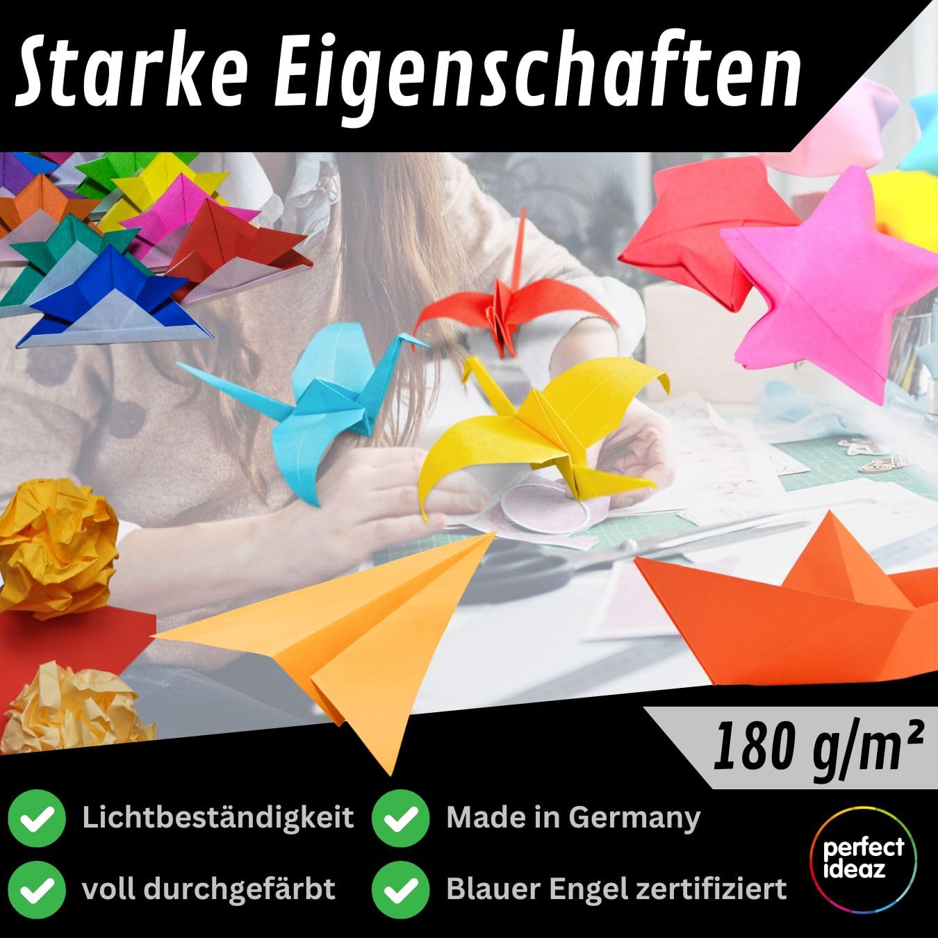 perfect ideaz – 39 arkuszy kartonu kolorowego DIN-A3, 13 kolorów, 180 g/m², wyprodukowano w Niemczech, certyfikat Blauer Engel