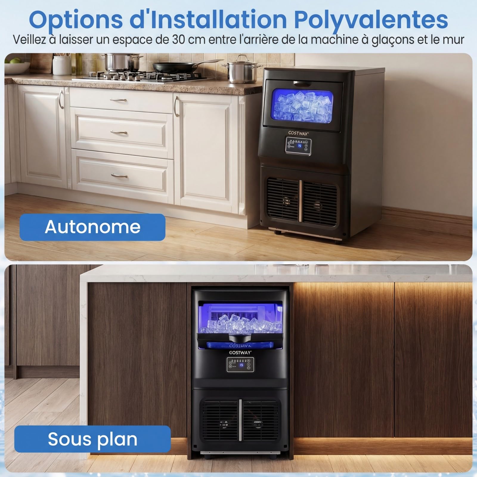 COSTWAY Machine à Glaçons Commerciale Professionnel, 25-30 kg/24 h, Ice Maker Acier Inoxydable, Auto-Nettoyage, Filtre à Eau, 24 Cubes par Cycle, Storage de 5 kg, Maison, Bar, Restaurant, Café