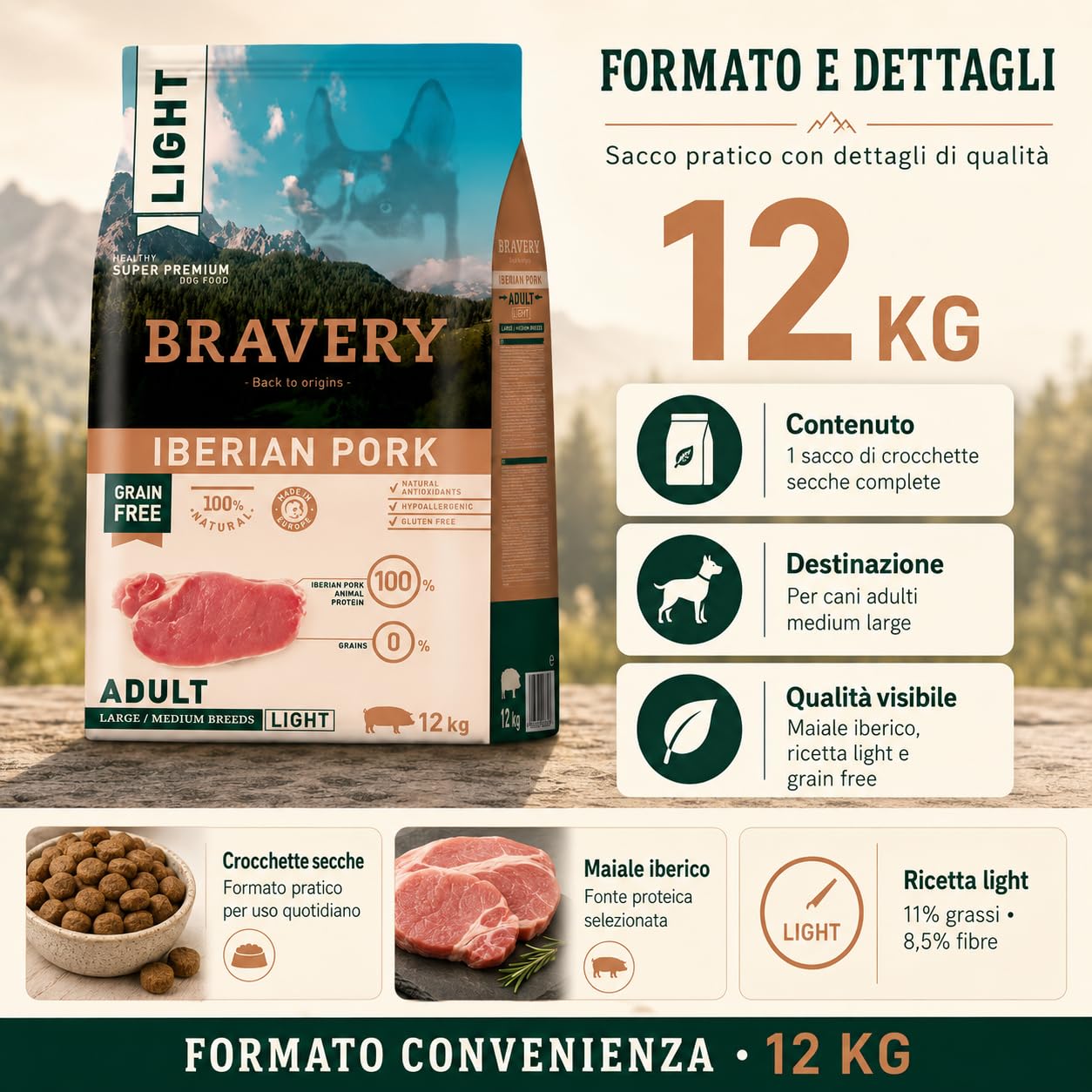 Bravery LIGHT Crocchette Cane Adulto Medium Large 12Kg con Suino Iberico Light, Mangime Secco Grain Free per Cani Sovrappeso o Anziani, Alimento Completo con L-Carnitina e Fibre