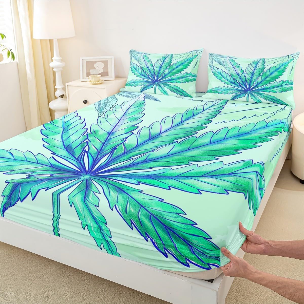 Cannabis Leaves Kids Fitted Sheet Queen Size,Marijuana Weed Leaf Plants Bedding Set,Girls Boys Adults Room Decor,Temperate Shrub Botanical Bed Cover,Green Bright Bed Sheet,2 Pillowcases