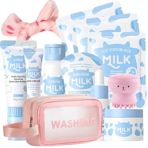 12Pcs Milk Skin Care Set for Kids & Teens, 12 IN 1 Moisturizing Milk Skincare Set for Teens Girls Ages 8-12, Milk Skin Care Kit for Girls 10-12, Face Care Kit, Birthday Gifts for Women, Bulk Gifts