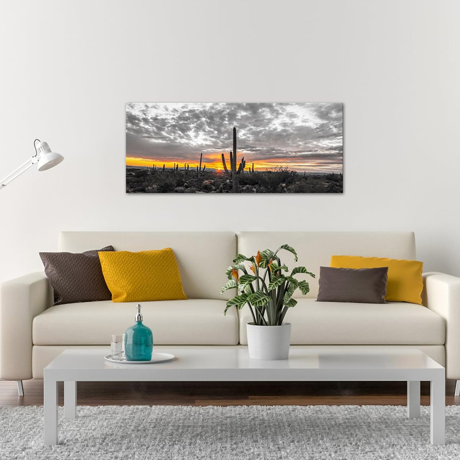 LyerArtork Arizona Sonoran Cactus Sunset Canvas Wall Art Black White Southwestern Desert Botanical Landscape Nature Pictures Prints Wall Decor Modern Artwork for Living Room Bedroom 20"x48"