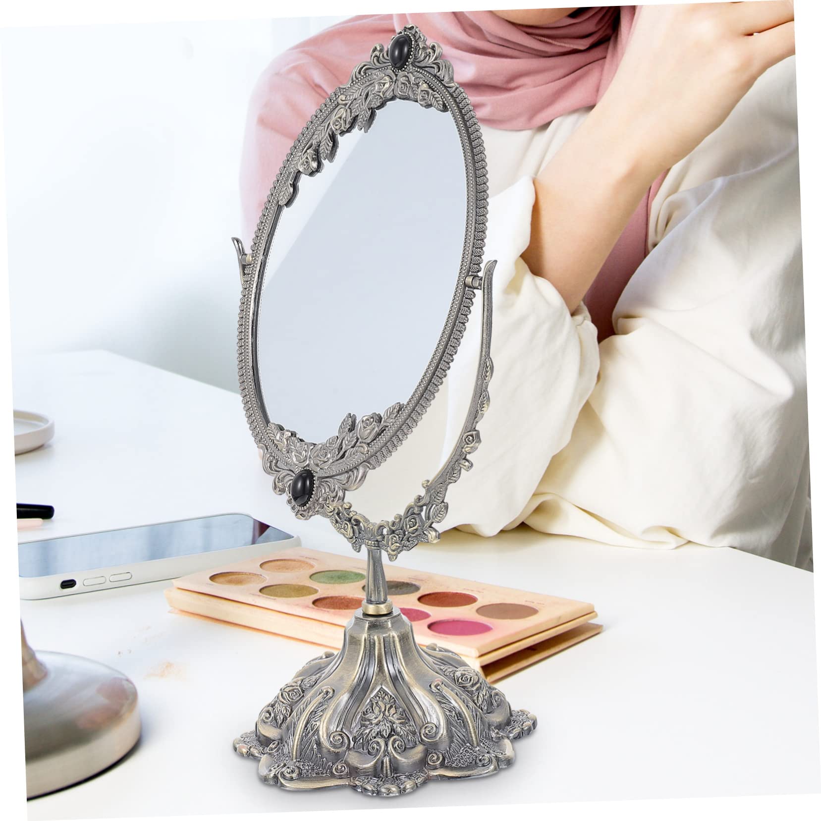 Europäischer Schminkspiegel mit Zinklegierung, Drehbar und Doppelseitig | Flacher Standfuß, Hohe Klarheit, für Schminktisch und Schlafzimmer, Geeignet für Make Up und Hochzeit
