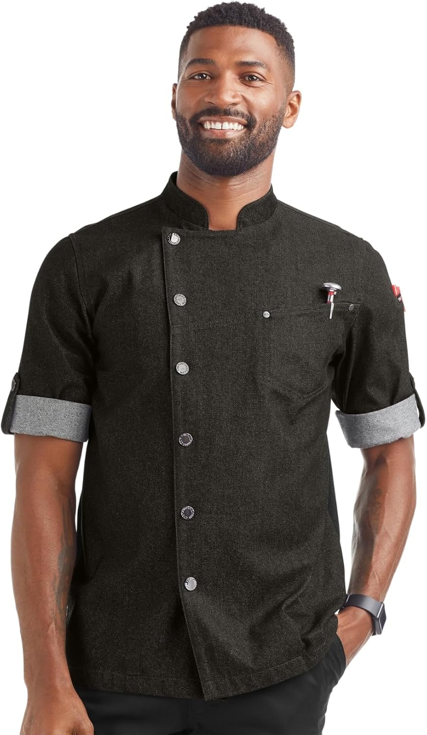 Men?s Asymmetrical Premium Denim Chef Coat with Mesh Side Panels (S-3X, Black), Black Denim, Medium