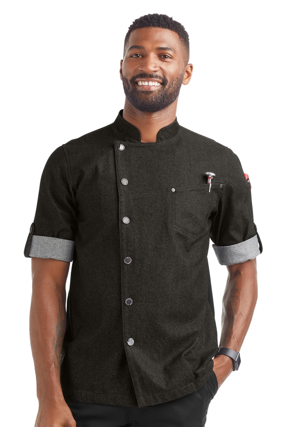 Industry Line Men’s Asymmetrical Denim Chef Coat with Mesh Side Panels (S-3X,