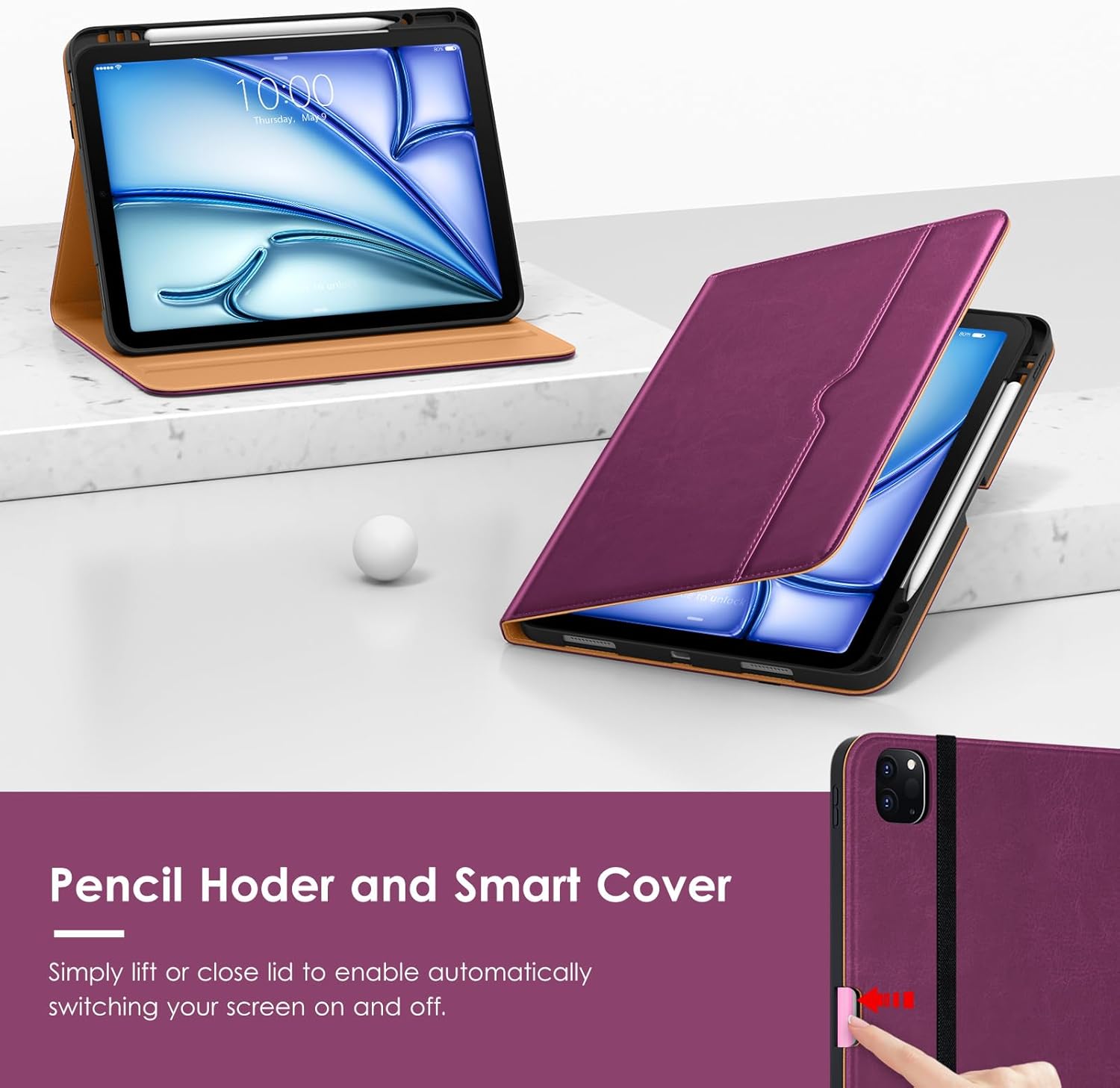 VIKESI Case for iPad Air 13 inch (M4) 2026 / (M3) 2025 / (M2) 2024,Premium Leather Folio,Apple Pencil Holder,Auto Sleep/Wake,Stand Cover - Purple