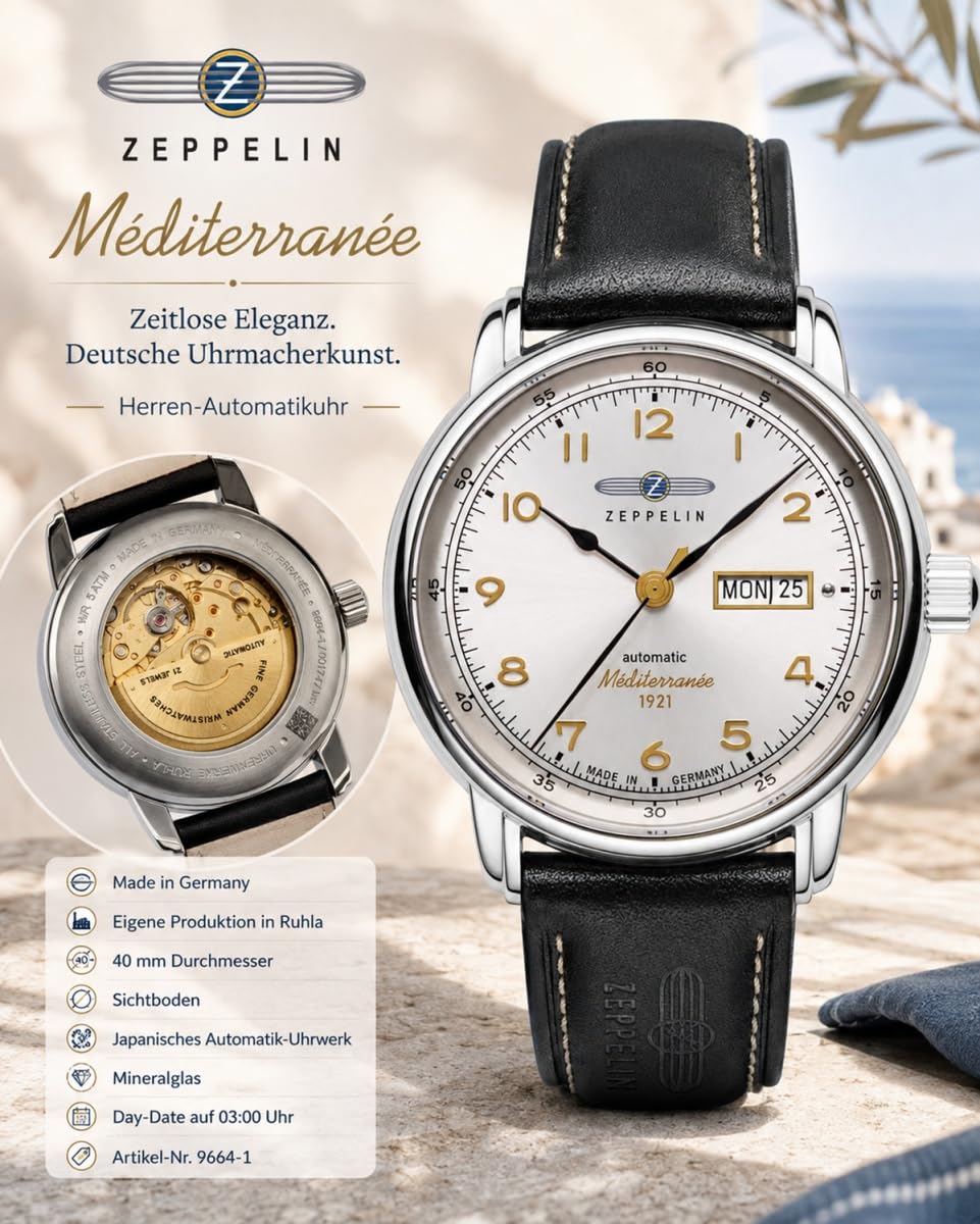 Zeppelin 9664-1 Méditerranée Montre automatique pour homme 40 mm | Fabriqué en Allemagne, cadran argenté, mouvement automatique, bracelet en cuir, date et jour de la semaine, 5 ATM