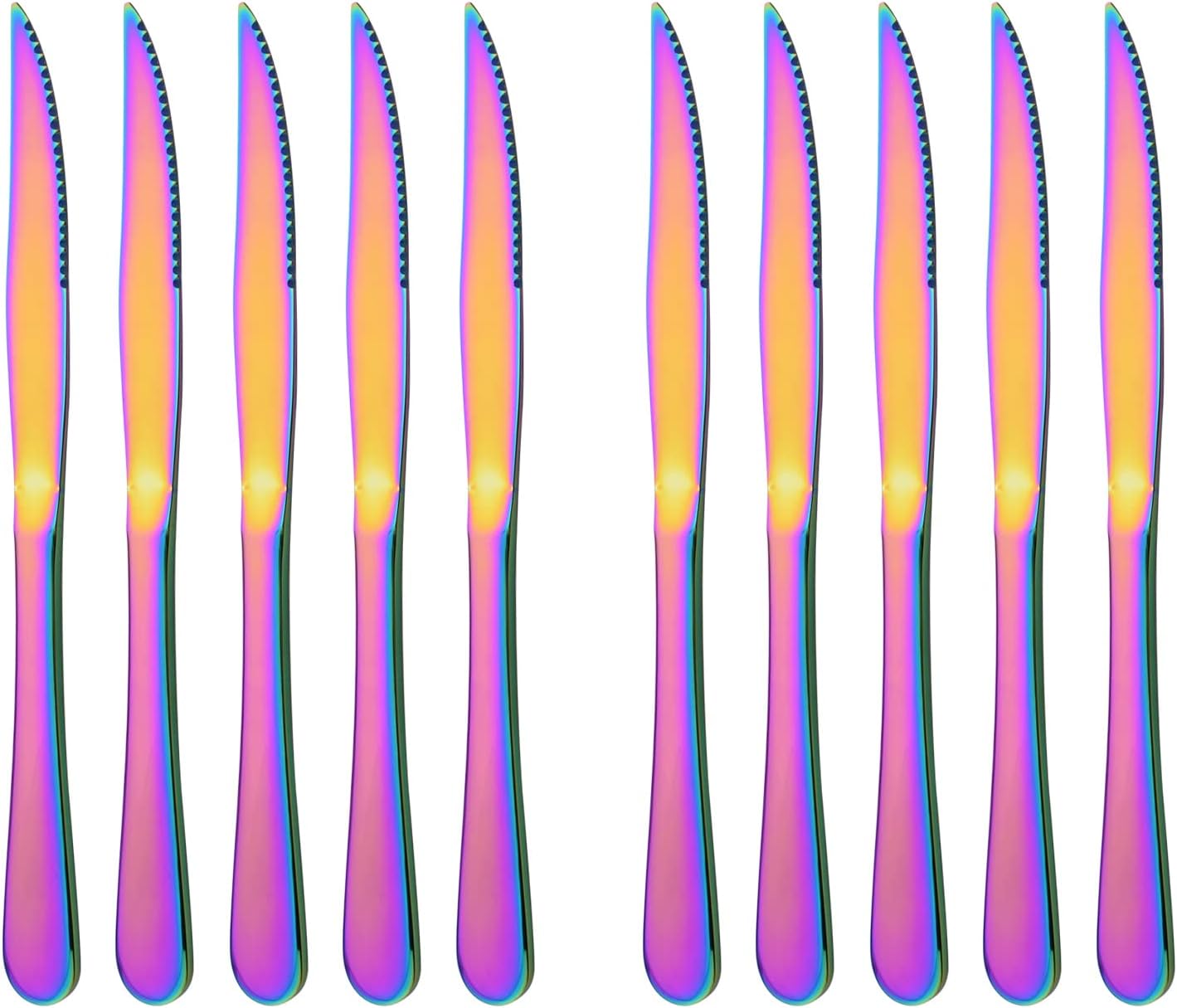 Rainbow Steak Knives Set of 10, Mirror Polished Stainless Steel Kitchen Cutlery Set, Dinner Knives Set for Steak Dessert, Straight Edge Serrated Knives Set, Dishwasher safe